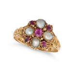 AN ANTIQUE VICTORIAN RUBY AND PEARL RING in 15ct yellow gold, set with cushion cut rubies accente...