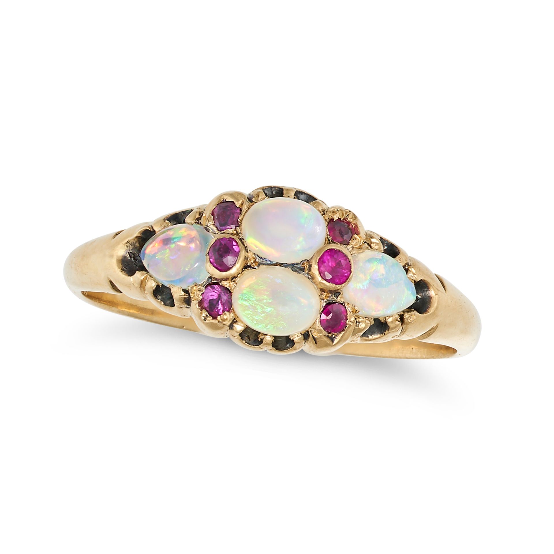 AN ANTIQUE OPAL AND RUBY RING in yellow gold, set with four cabochon opals accented by round cut ...