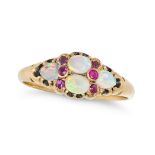 AN ANTIQUE OPAL AND RUBY RING in yellow gold, set with four cabochon opals accented by round cut ...