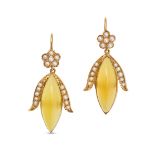 A PAIR OF ANTIQUE YELLOW AGATE AND PEARL EARRINGS in yellow gold, each comprising a cluster of se...