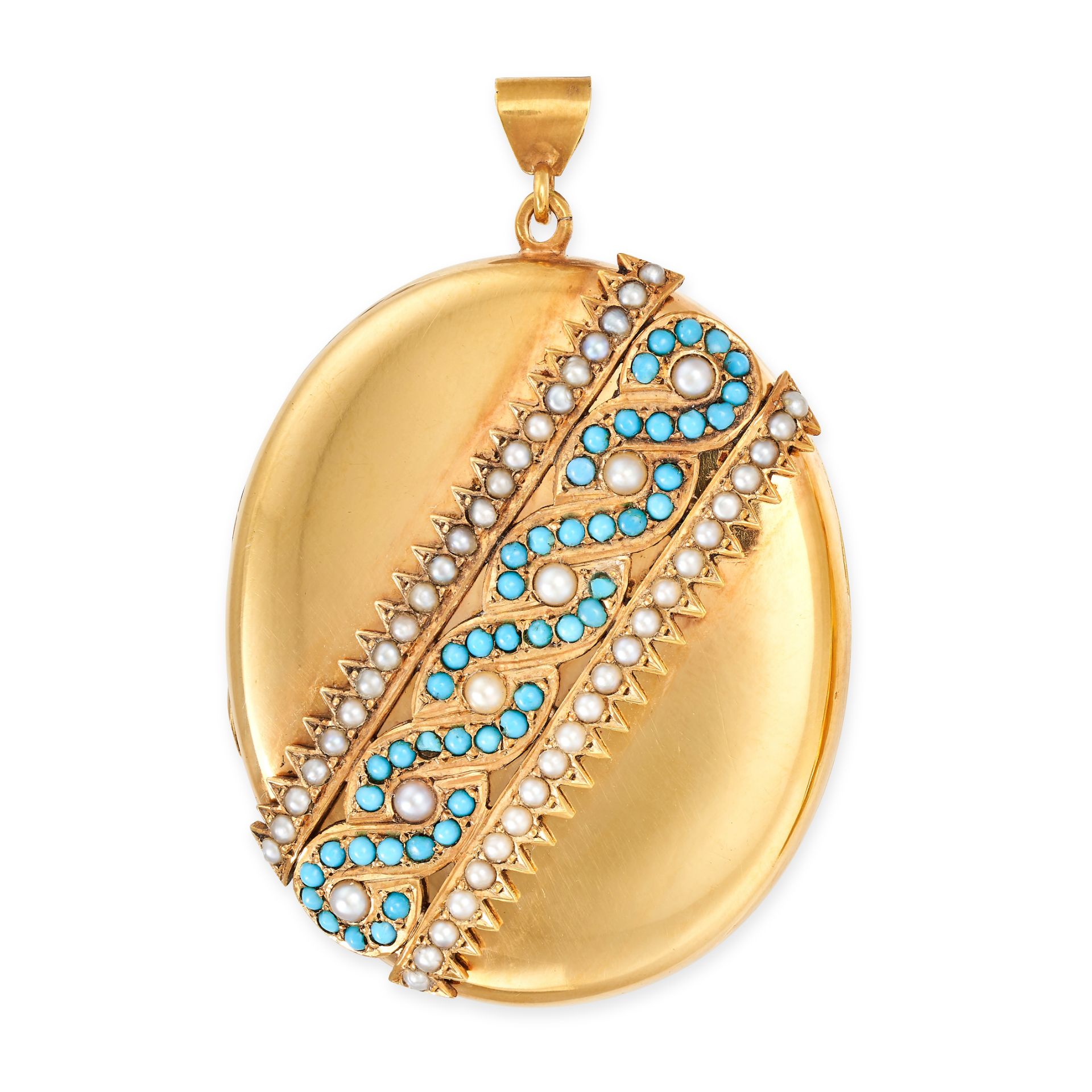 AN ANTIQUE VICTORIAN PEARL AND TURQUOISE LOCKET PENDANT in yellow gold, the oval hinged locket de...