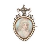 AN ANTIQUE GEORGIAN PEARL AND DIAMOND PORTRAIT MINIATURE BROOCH in yellow gold, set with a painte...
