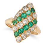 AN EMERALD AND DIAMOND NAVETTE RING in 18ct yellow gold, set with alternating rows of old cut dia...