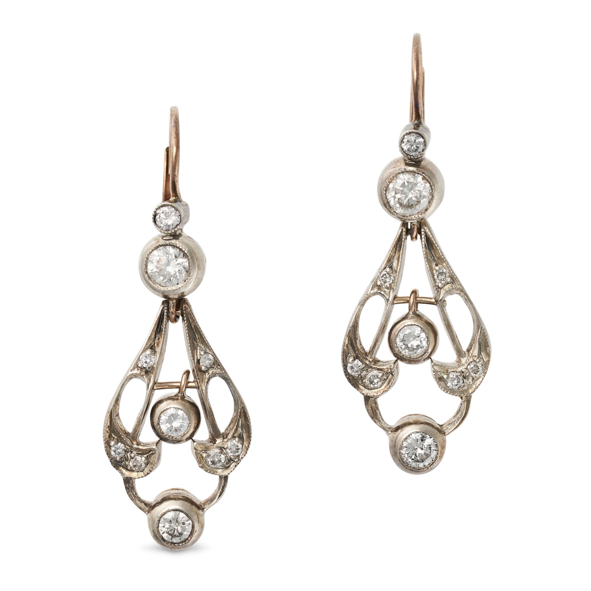 A PAIR OF ANTIQUE DIAMOND DROP EARRINGS in yellow gold and silver, the openwork scrolling earring...