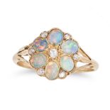 AN ANTIQUE OPAL AND DIAMOND CLUSTER RING in yellow gold, set with an old cut diamond in a cluster...