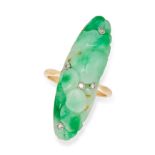 A JADEITE JADE AND DIAMOND RING in 18ct yellow and white gold, set with a carved jadeite jade acc...