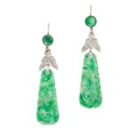 A PAIR OF JADEITE JADE AND DIAMOND DROP EARRINGS each earring suspending a tapering piece of jade...