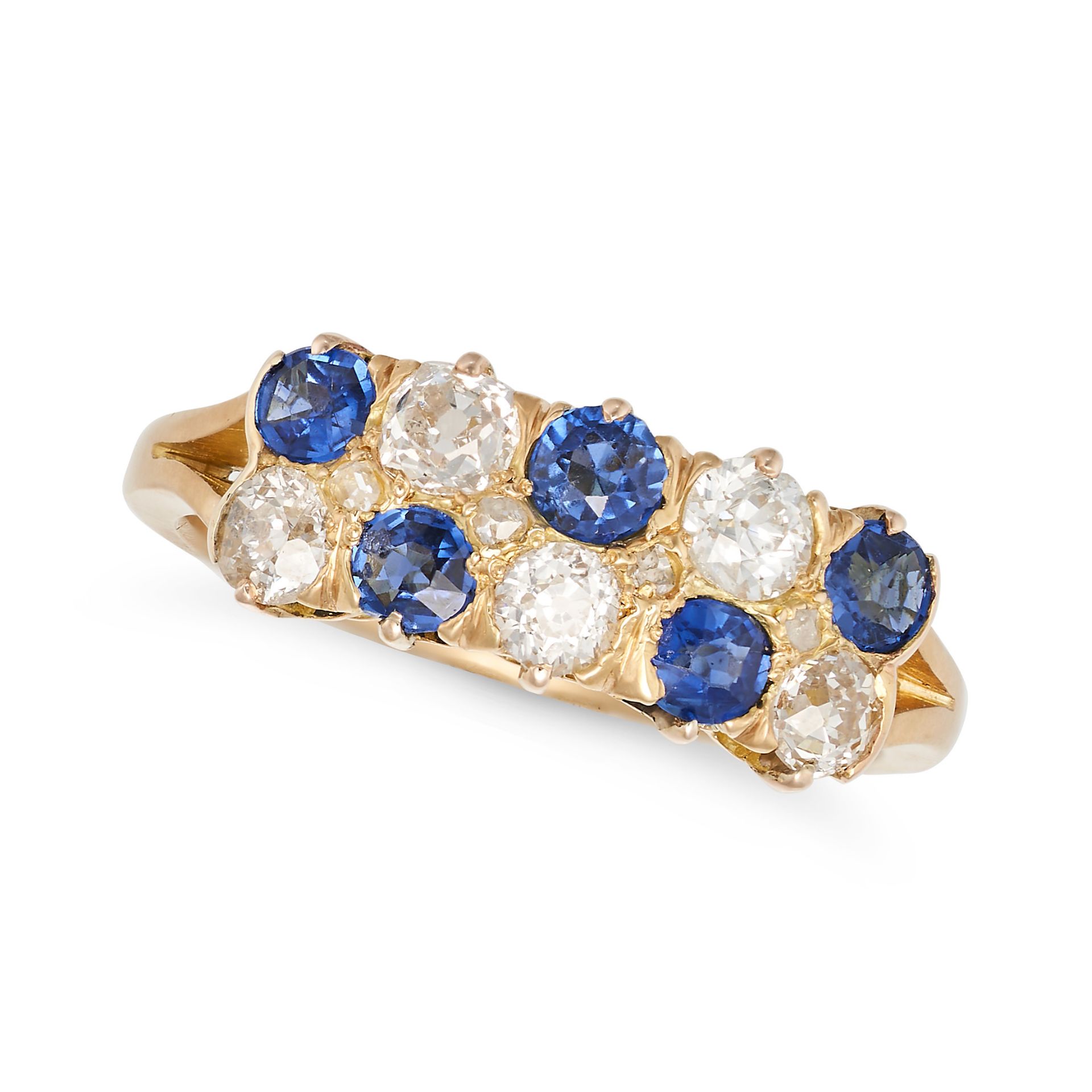 AN ANTIQUE SAPPHIRE AND DIAMOND RING in yellow gold, in checkerboard design set with two rows of ...