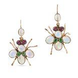 A PAIR OF RAINBOW MOONSTONE AND GARNET FLY EARRINGS each set with a cabochon rainbow moonstone (l...