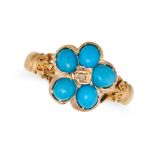 AN ANTIQUE SYNTHETIC TURQUOISE AND DIAMOND CLUSTER RING in 18ct yellow gold, set with a rose cut ...