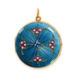 AN ANTIQUE GUILLOCHE ENAMEL LOCKET PENDANT in 18ct yellow gold, the circular hinged locket orname...