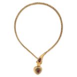 AN ANTIQUE VICTORIAN GARNET SNAKE NECKLACE in yellow gold, designed as a snake suspending a locke...