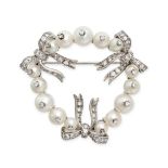 RENE KERN, A PEARL AND DIAMOND WREATH BROOCH in platinum, comprising a row of pearls set with sin...