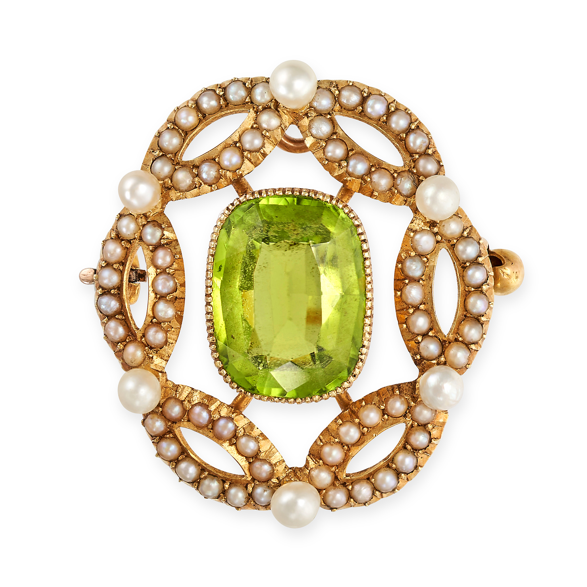 AN ANTIQUE EDWARDIAN PERIDOT AND PEARL BROOCH / PENDANT in yellow gold, set with a cushion cut pe...