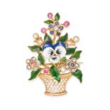 A RUBY, SAPPHIRE, DIAMOND AND ENAMEL FLOWER BROOCH in yellow gold, designed as an arrangement of ...