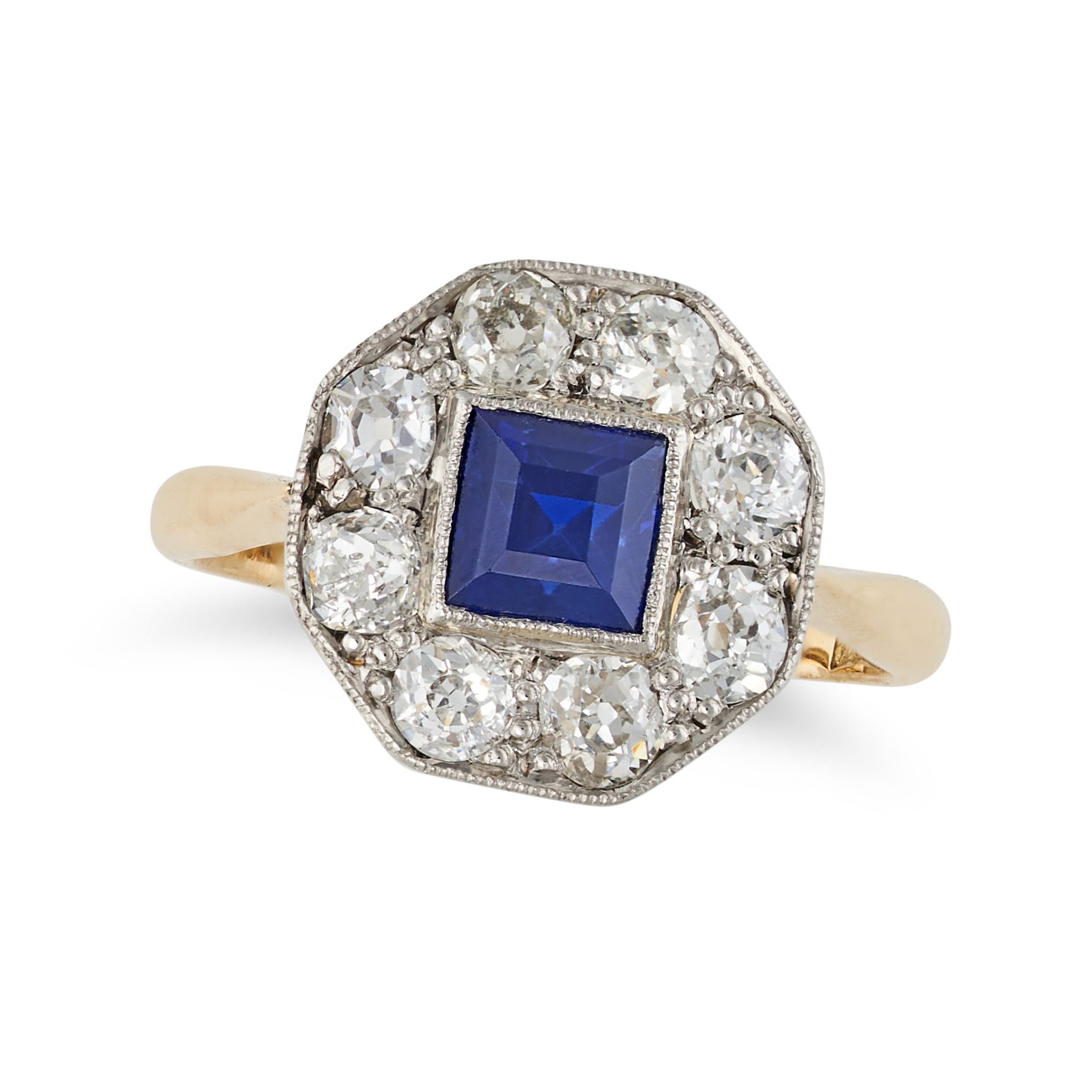 A SAPPHIRE AND DIAMOND CLUSTER RING in 18ct yellow gold and platinum, set with a square step cut ...