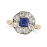 A SAPPHIRE AND DIAMOND CLUSTER RING in 18ct yellow gold and platinum, set with a square step cut ...