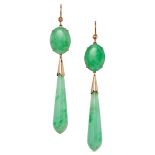 A PAIR OF VINTAGE JADEITE JADE DROP EARRINGS in 9ct yellow gold, each set with a cabochon jadeite...