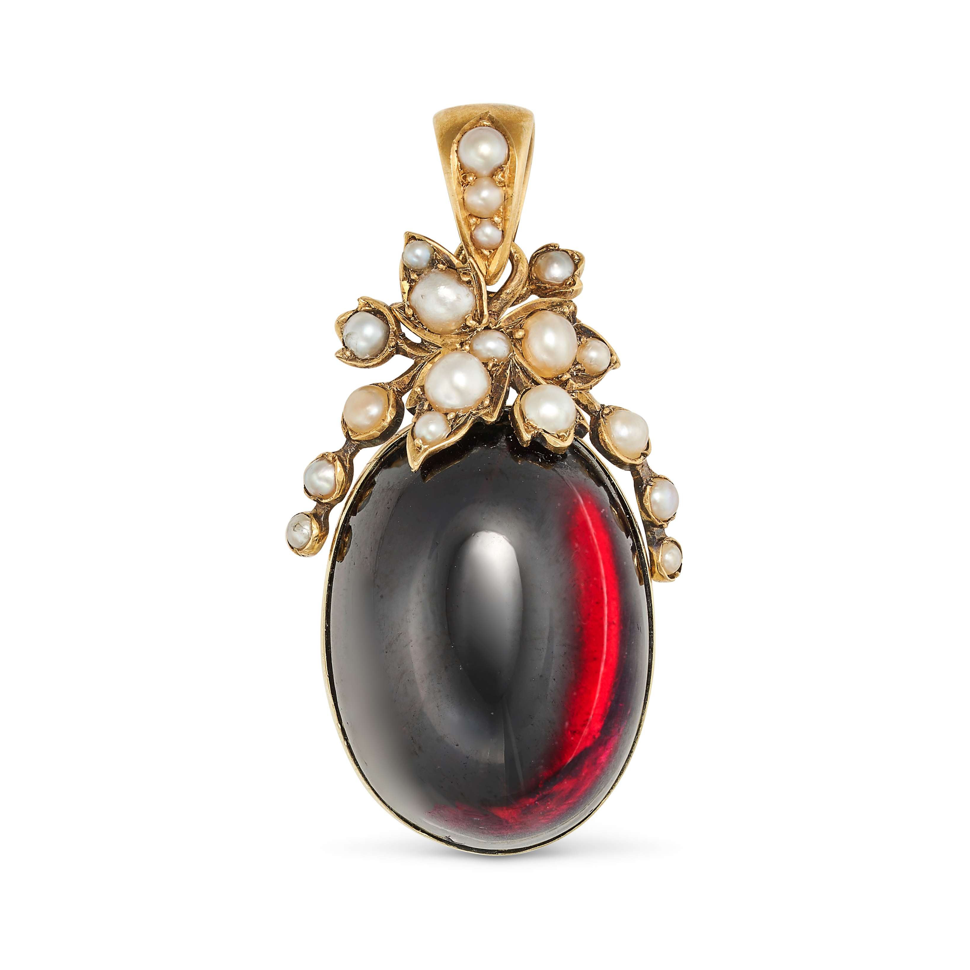 AN ANTIQUE GARNET AND PEARL LOCKET PENDANT in yellow gold, set with an oval cabochon garnet accen...