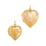 TWO HEART LOCKET CHARM / PENDANTS each designed as a heart engraved with foliate design, opening ...