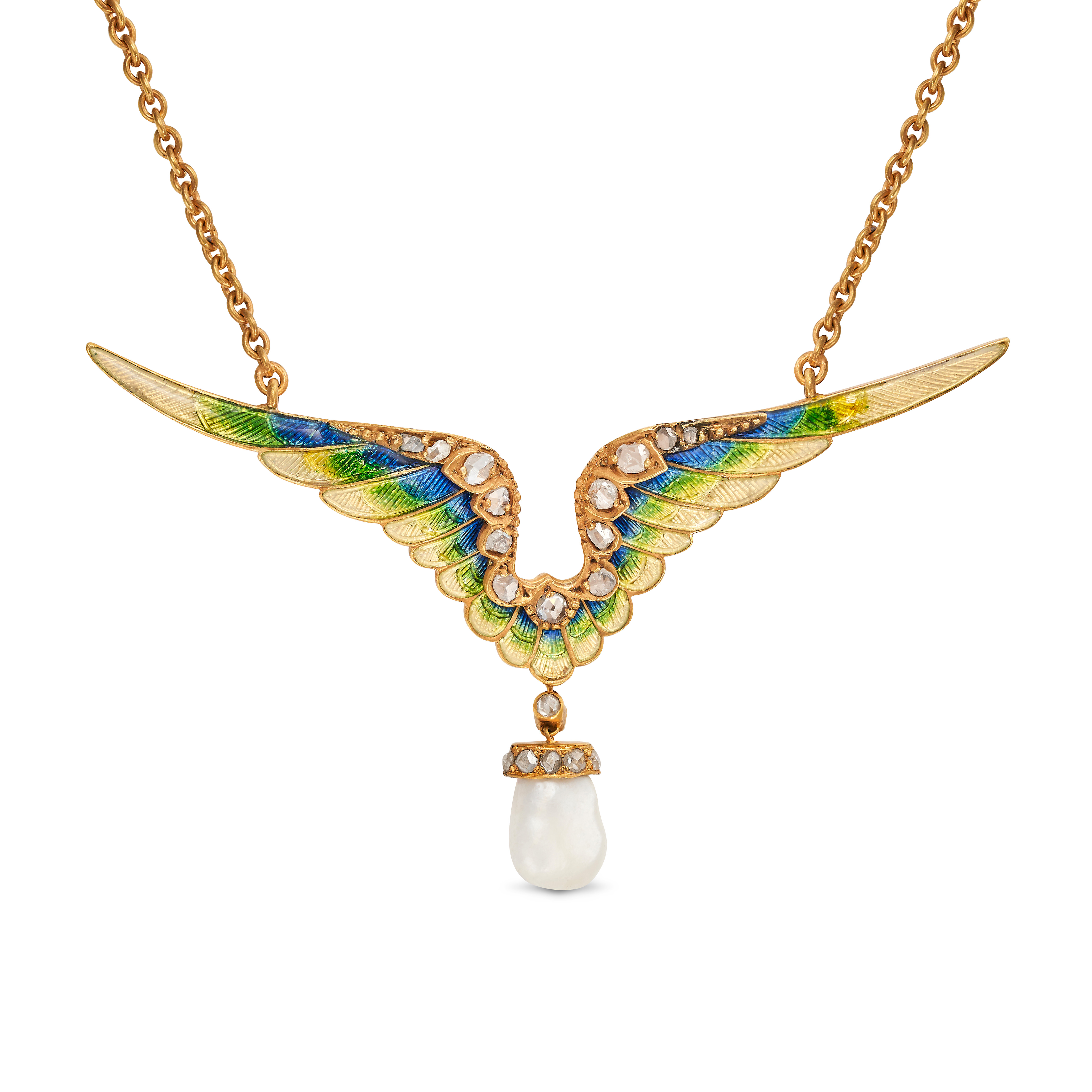 AN ANTIQUE ENAMEL, PEARL AND DIAMOND WING NECKLACE, EARLY 20TH CENTURY in yellow gold, the pendan...