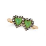 AN ANTIQUE CHRYSOPRASE AND DIAMOND SWEETHEART RING in yellow gold and silver, set with two heart ...