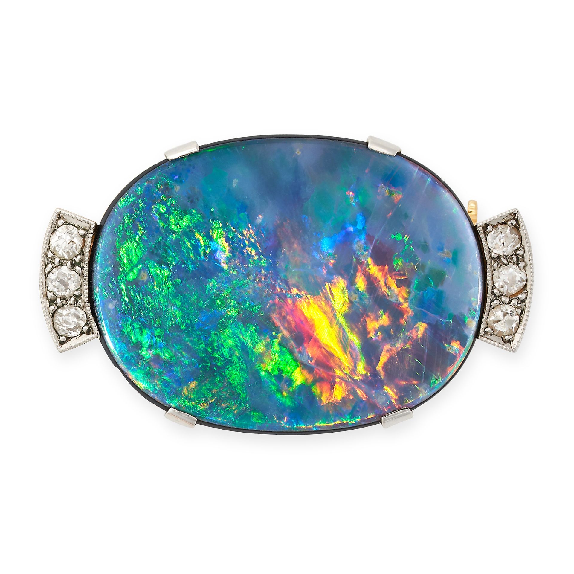 A BLACK OPAL DOUBLET AND DIAMOND BROOCH in 18ct yellow and white gold, set with a black opal doub...