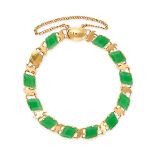 A VINTAGE GREEN PASTE BRACELET in yellow gold, set with faceted lozenges of green paste alternati...