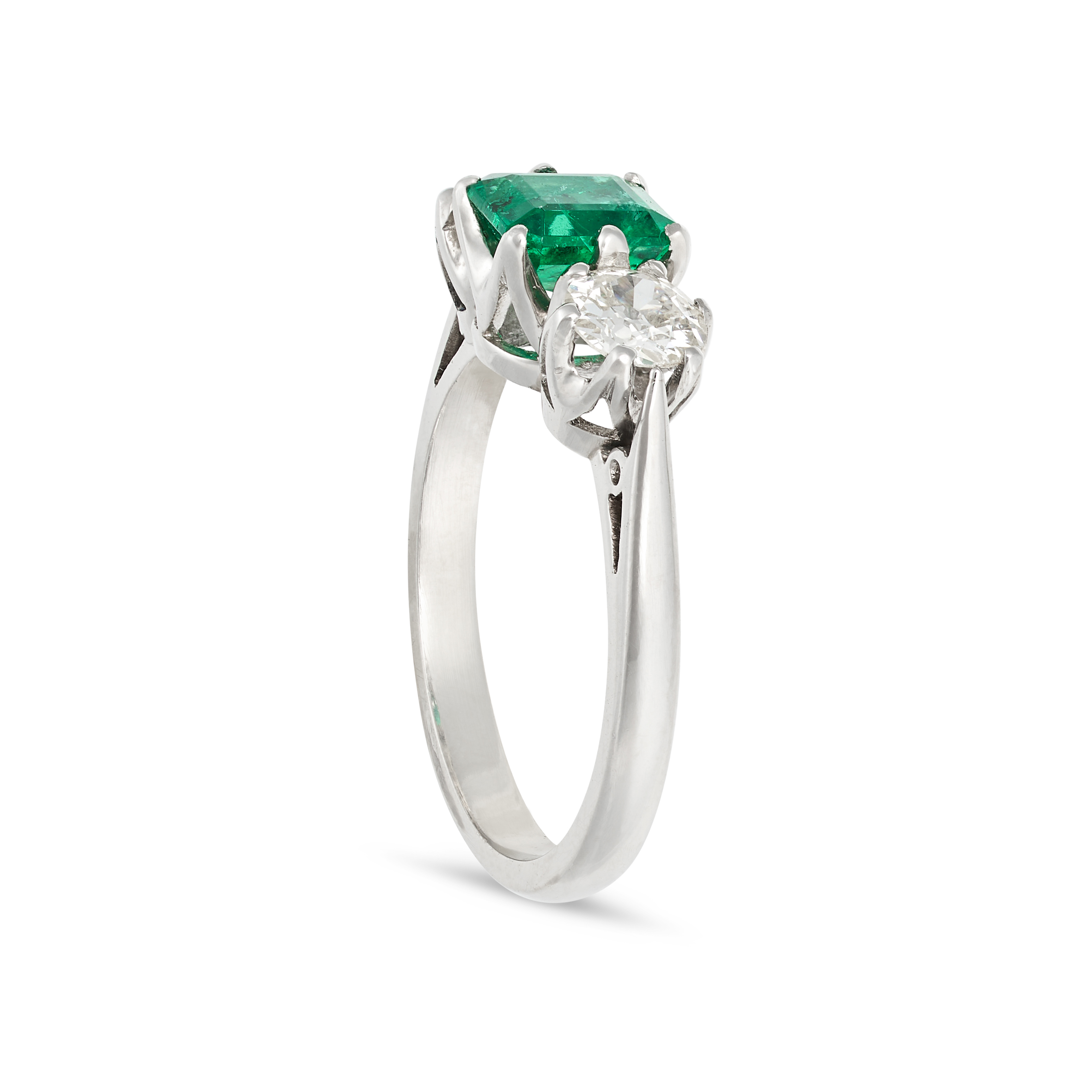 AN EMERALD AND DIAMOND THREE STONE RING in platinum, set with an octagonal step cut emerald of 1.... - Image 2 of 2