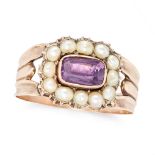 AN ANTIQUE PASTE AND PEARL RING in yellow gold, set with a cushion cut purple paste stone in a bo...