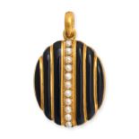 AN ANTIQUE VICTORIAN ONYX AND PEARL MOURNING LOCKET PENDANT in yellow gold, the oval hinged locke...