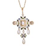 A MOONSTONE, SAPPHIRE AND DEMANTOID GARNET PENDANT NECKLACE in yellow gold, the openwork foliate ...