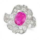 A FINE BURMA NO HEAT PINK SAPPHIRE AND DIAMOND RING in platinum, set with an oval cut pink sapphi...