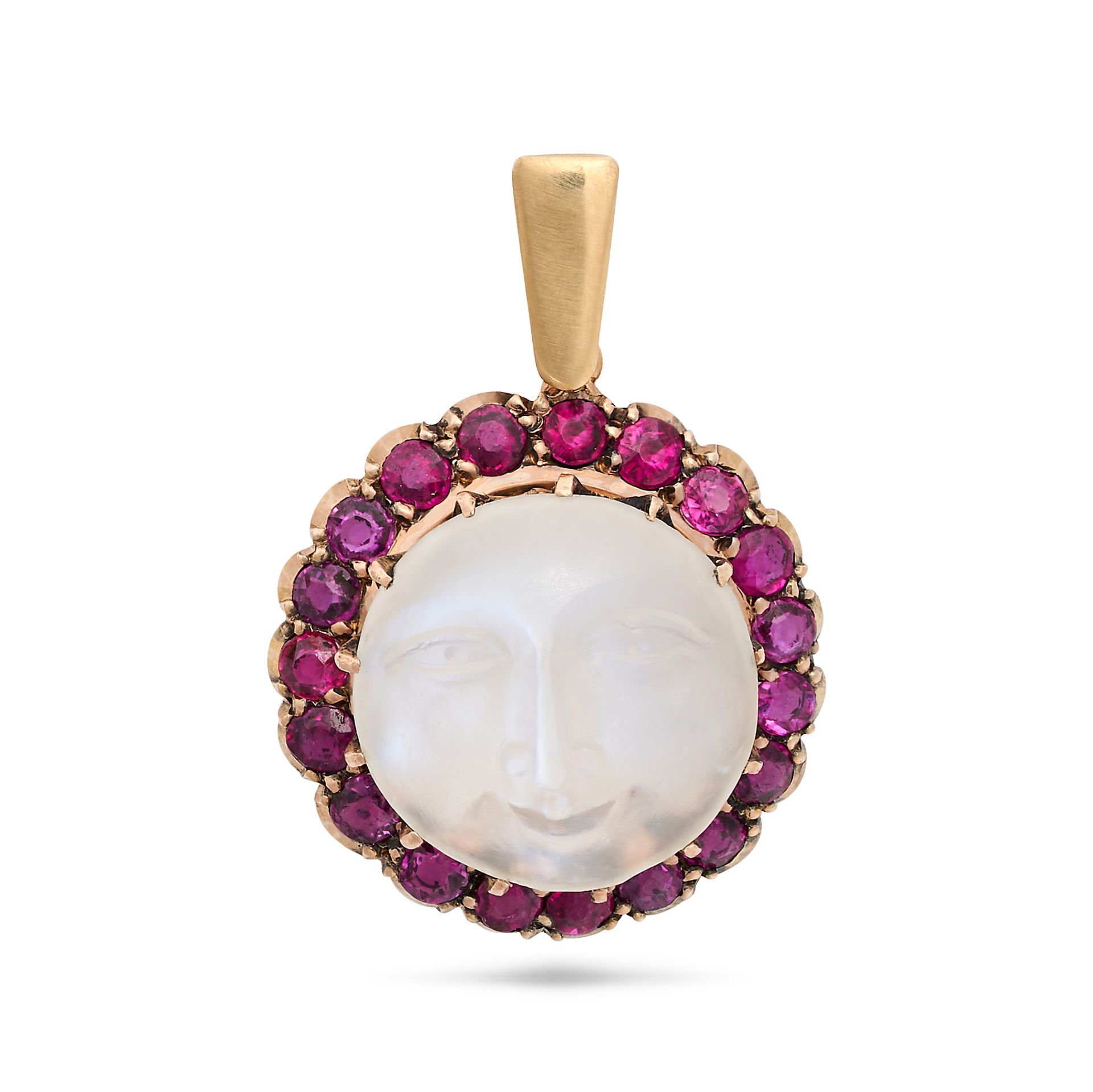 A MOONSTONE AND RUBY MAN IN THE MOON PENDANT in 18ct yellow gold, set with a circular carved moon...