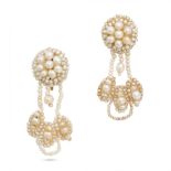 A PAIR OF ANTIQUE SEED PEARL DROP EARRINGS in yellow gold, each comprising a domed cluster of see...