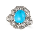 A TURQUOISE AND DIAMOND DRESS RING in 14ct white gold, set with an oval cabochon turquoise in a s...