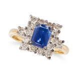 A SAPPHIRE AND DIAMOND CLUSTER RING in yellow and white gold, set to the centre with a rectangula...