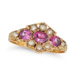 AN ANTIQUE GARNET AND PEARL RING in 15ct yellow gold, set with oval cut garnets accented by pearl...