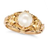 A PEARL RING in 14ct yellow gold, set with a pearl of 7.2mm accented by foliate motifs, stamped 1...