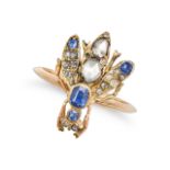 AN ANTIQUE SAPPHIRE AND DIAMOND INSECT RING in 18ct yellow gold and 14ct rose gold, designed as a...