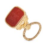 AN ANTIQUE CARNELIAN INTAGLIO FOB SEAL AND SPLIT RING the fob set with a carnelian intaglio carve...