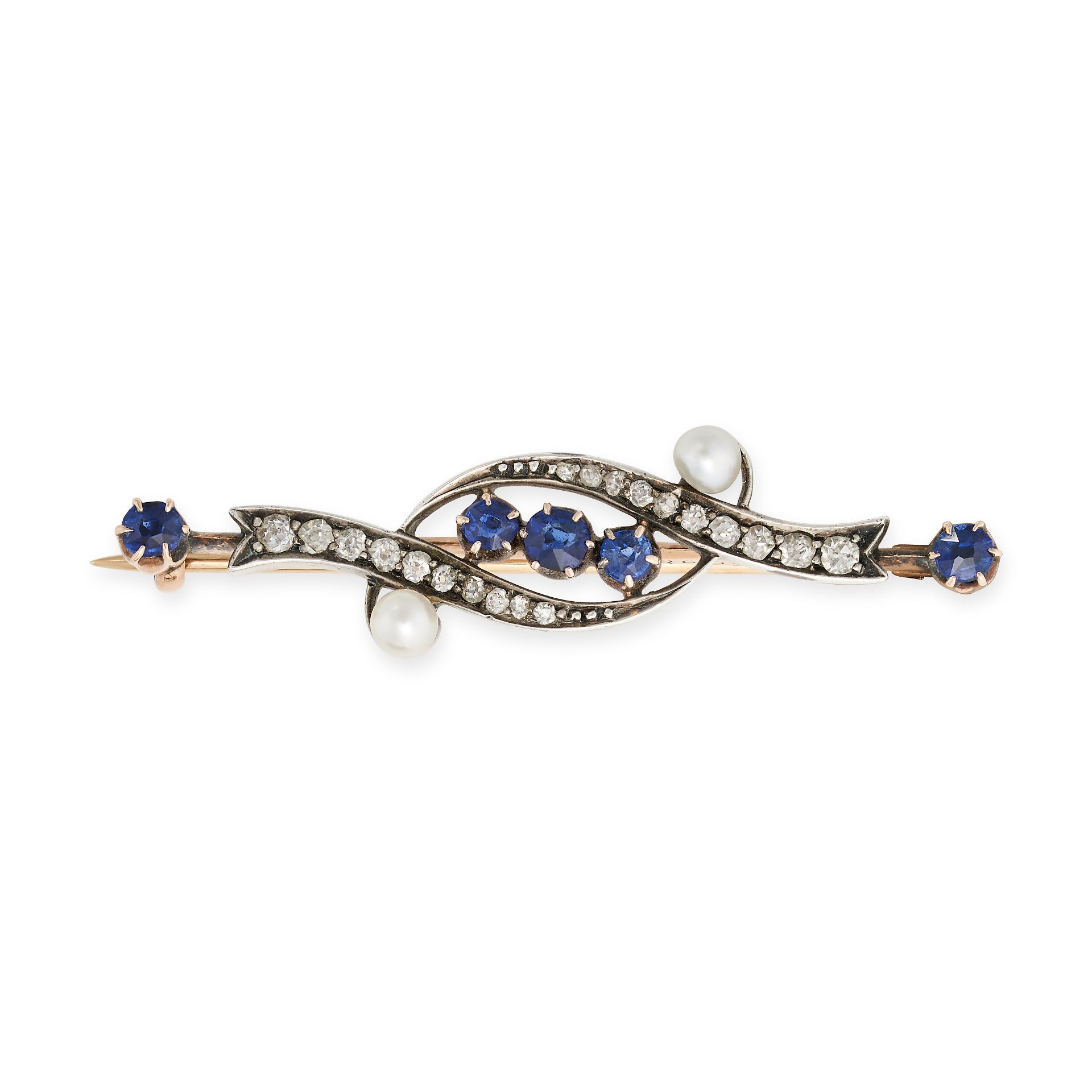 AN ANTIQUE VICTORIAN SAPPHIRE, PEARL AND DIAMOND BROOCH in yellow gold and silver, set with round...