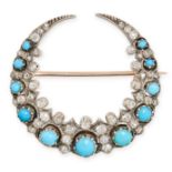 AN ANTIQUE TURQUOISE AND DIAMOND CRESCENT MOON BROOCH in yellow gold and silver, designed as a cr...