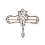 AN ANTIQUE DIAMOND AND PEARL BROOCH in 14ct white and yellow gold, the openwork brooch set with o...