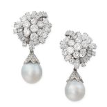 A PAIR OF VINTAGE DIAMOND AND PEARL DAY TO NIGHT EARRINGS in 18ct white gold and platinum, each d...