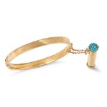 AN ANTIQUE TURQUOISE PENCIL BANGLE in yellow gold, the hinged bangle with a pencil pendant, the h...