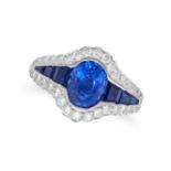 A SAPPHIRE AND DIAMOND RING in platinum, set with an oval cut sapphire of approximately 2.76 cara...