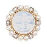 A VINTAGE PEARL, DIAMOND AND OPALINE GLASS MAN IN THE MOON BROOCH in yellow gold, set with a circ...