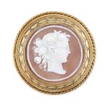 AN ANTIQUE CAMEO BROOCH set with a carved shell cameo depicting a lady with roses in her hair, wi...