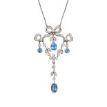 AN ANTIQUE EDWARDIAN AQUAMARINE AND DIAMOND PENDANT NECKLACE in 18ct white and yellow gold, the p...
